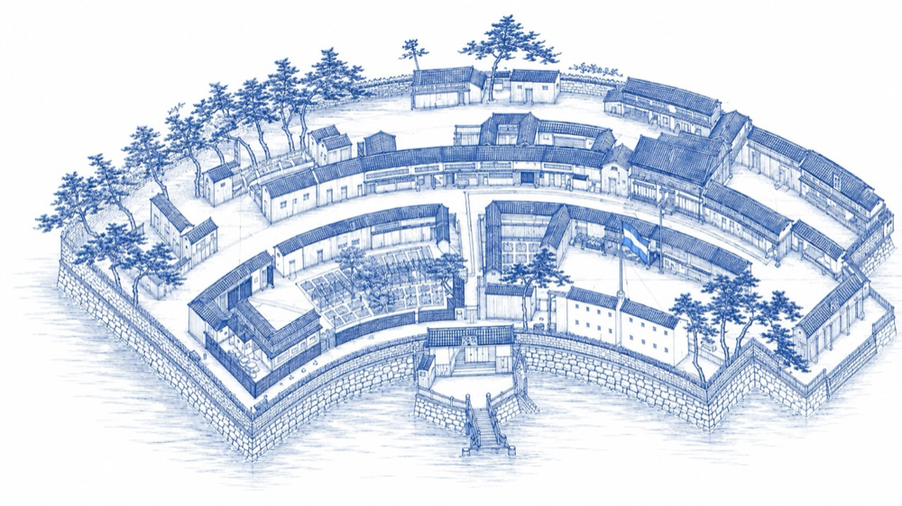 出島風の歴史的建築の線画